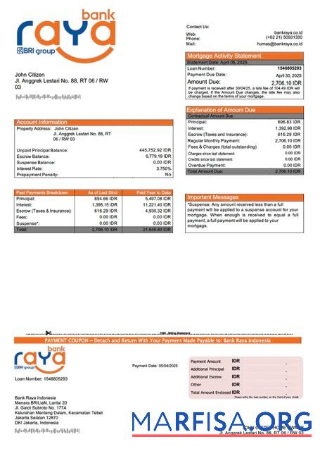 Downloadable Indonesia Bank Raya Indonesia mortgage statement Word and PDF template